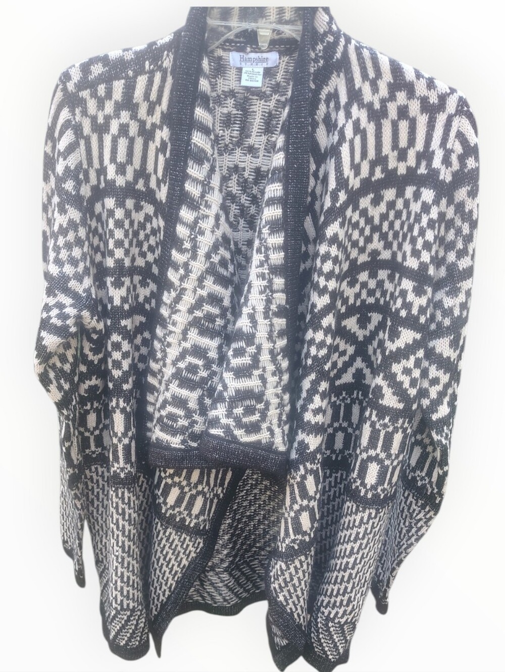 Hannah Open-Front Black & Cream Geometric Knit Cardigan